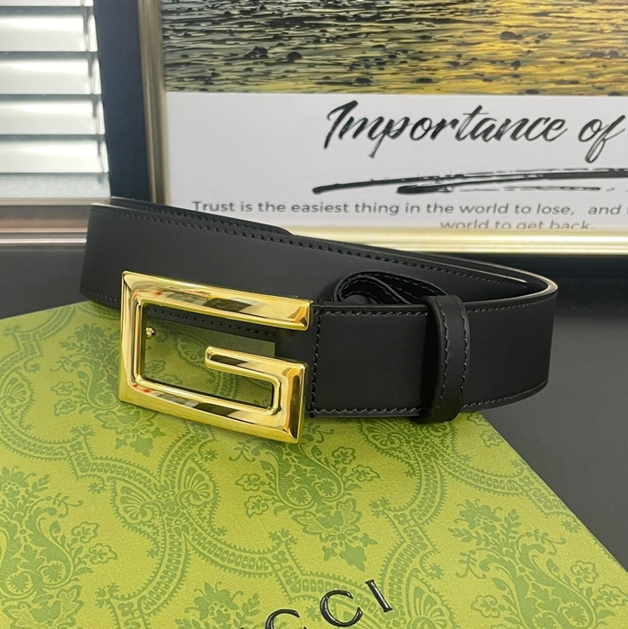  グッチ  メンズ シグネチャー スチール バックル ビジネスレザーベルト Guc0829x.Size(3.4cm).ブラック