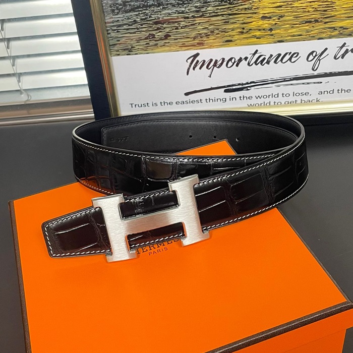  Signature  - エルメスメンズ ビジネス シグネチャー LOGO レザー ベルト HERBT0002.Size(3.8cm).ブラウン,ブラックシルバー,グレーシルバー