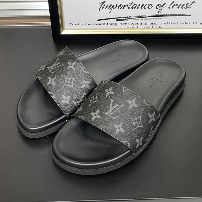 Initial  Slipper - ルイヴィトン メンズ イニシャル LOGOレザースリッパ Lou01059x.ブラック