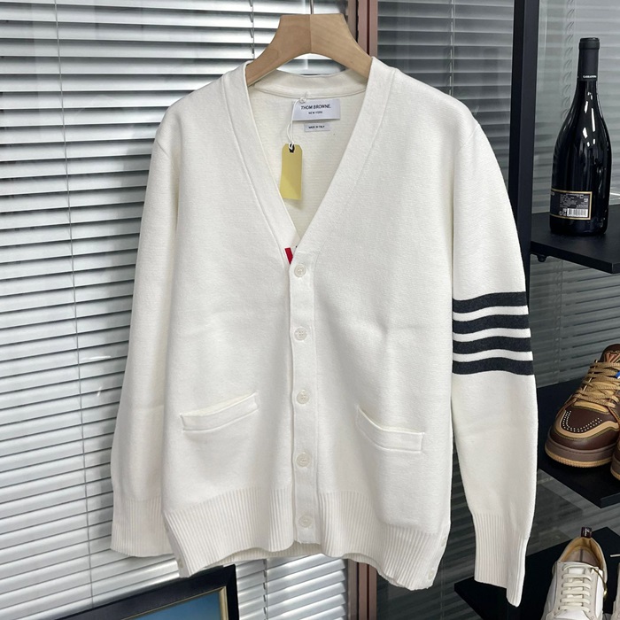 トムブラウン メンズ Vネック ホワイト カーディガン - White  - thom0609x