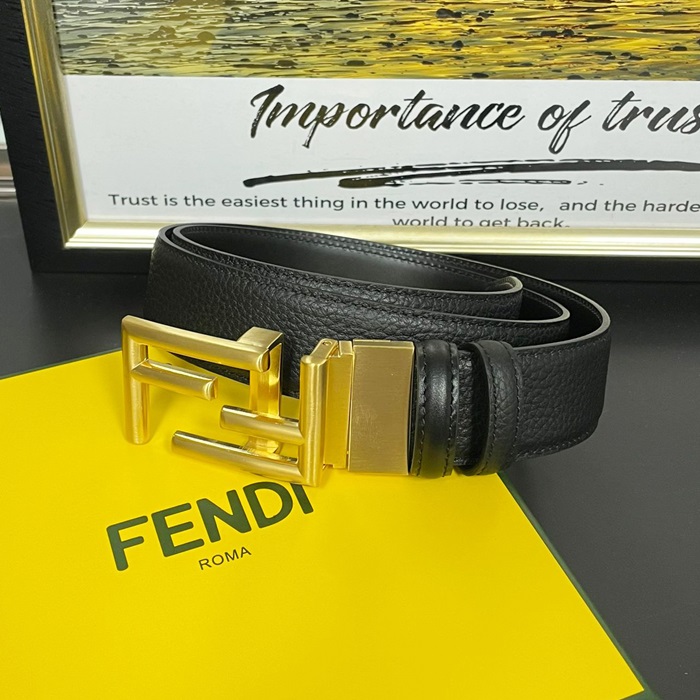 フェンディ メンズダブル'F'LOGO リバーシブルレザーベルト Fen001x.Size(3.4cm).ブラック