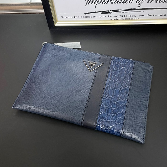  28cm - プラダ メンズレザークラッチバッグ,28cm,PRAB0211,ネイビー