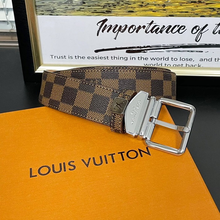 Buckle Damier  - ルイヴィトン メンズ  クラシック LOGO バックル ダミエレザーベルト Lou0837x.ブラウンシルバー