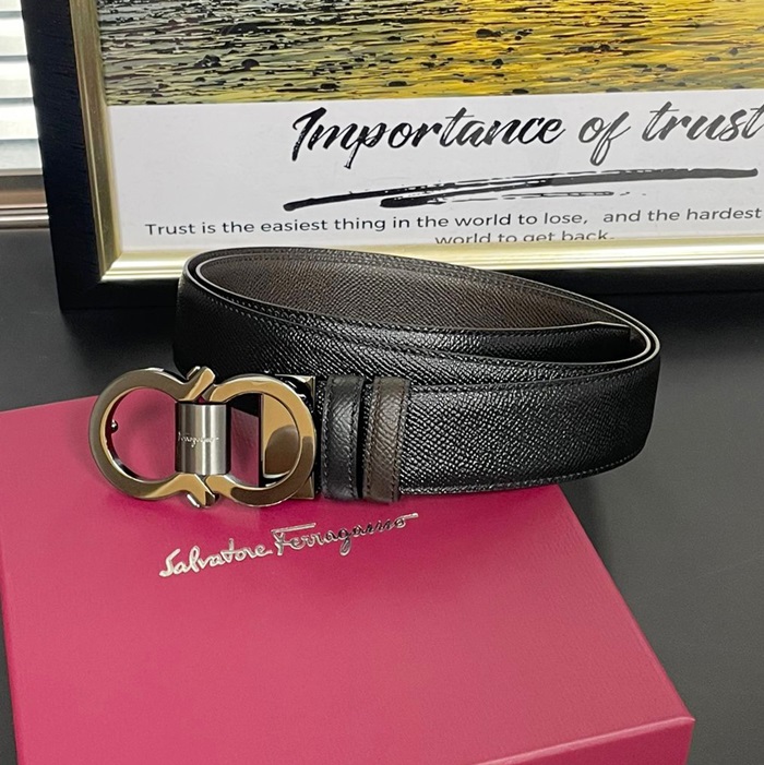 サルヴァトーレ フェラガモ メンズ ガンチオ バックルレザーベルト Fer0231x.Size(3.4cm).ブラックシルバー