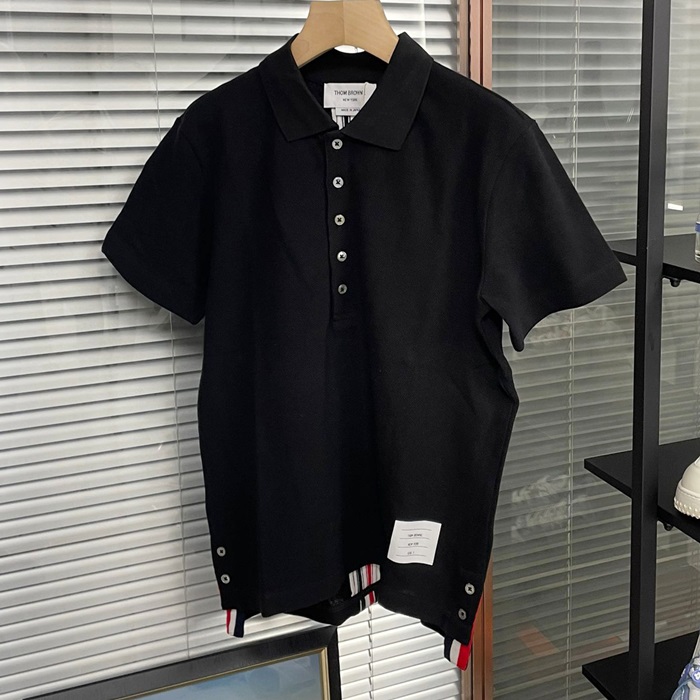 2020 Short Sleeved Polo  - トムブラウンメンズ LOGO コットン ポロ 半袖Tシャツ Tho0658x.ブラック