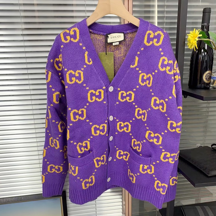 グッチ ユニセックス Vネック パープル カーディガン -Puple  - gu03044x