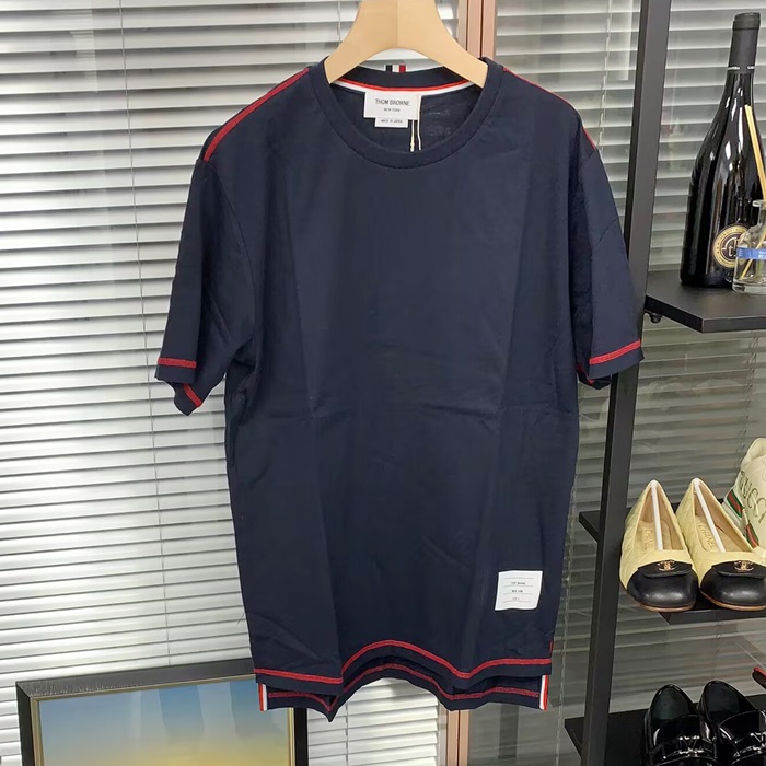 トムブラウン メンズ ネイビー クルーネック 半袖Tシャツ -  - thom01558x