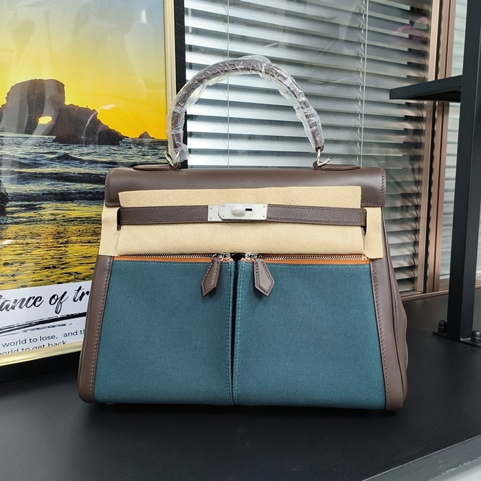 エルメス ラキス ケリー スウィフトレザーレディース トート ショルダーバッグ HERB0281,32cm,ネイビー