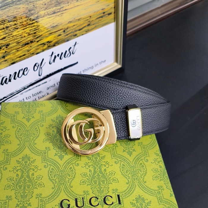 GG Buckle   - グッチ  メンズ GGバックル ビジネスレザーベルト Guc0764x.Size(3.4cm).ブラック