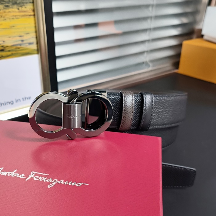 サルヴァトーレ フェラガモ メンズ ガンチオ バックルレザーベルト Fer0231x.Size(3.4cm).ブラックシルバー