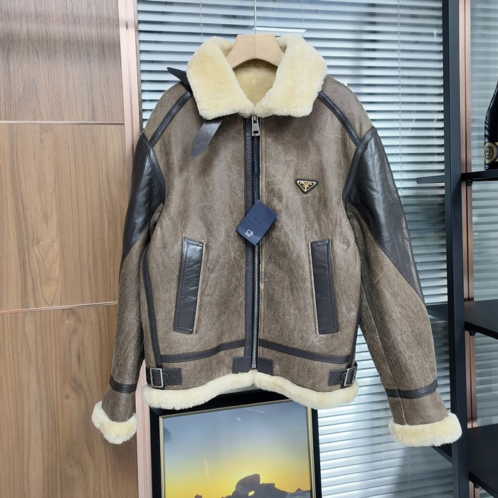 プラダ メンズ ブラウン レザージャケット - Brown - prc46x