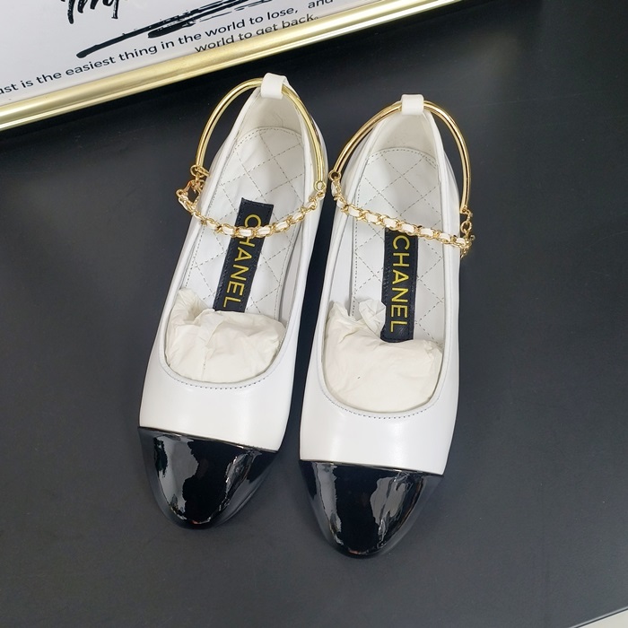 シャネルレディース ツートン チェーン バレリーナレザーレディース フラット ホワイト ブラック  -  White Plats - ch564x