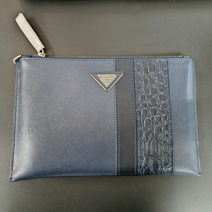  28cm - プラダ メンズレザークラッチバッグ,28cm,PRAB0211,ネイビー