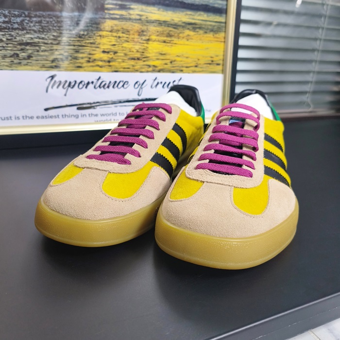 グッチ X アディダス ユニセックス ガゼル ベルベット イエロー/グリーン/ブラック ロー タップ スニーカー  -Yellow  - gu1000x