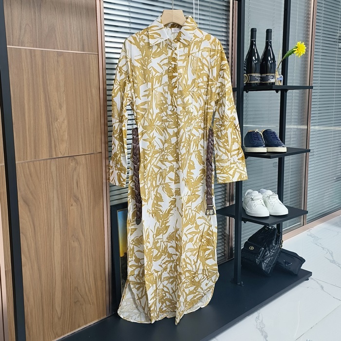 ブルネロクチネリ レディース ハーバリウム プリント ポンジ シャツ ドレス -  Cucinelli  Herbarium Print Pongee Shirt Dress - brc6180x
