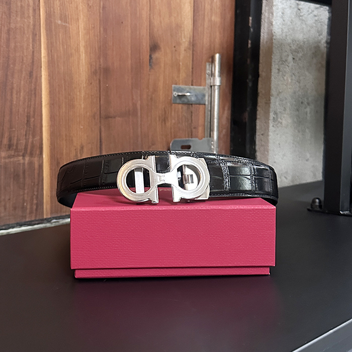 Gancio  - サルヴァトーレ フェラガモ メンズ ガンチーニレザーベルト Fer0124x.Size(3.5CM).2(ブラックシルバー/ブラウン)