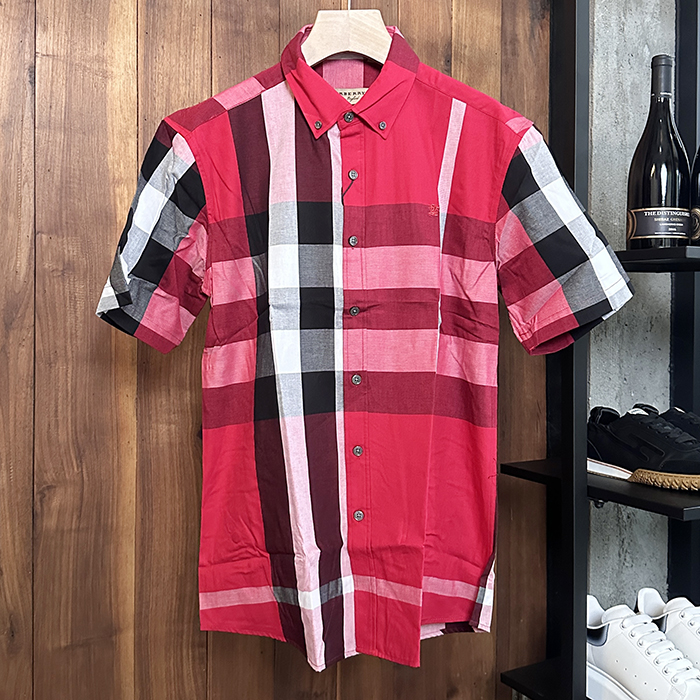 バーバリー メンズ ベーシック レッド 半袖 シャツ - Red  - bu144x