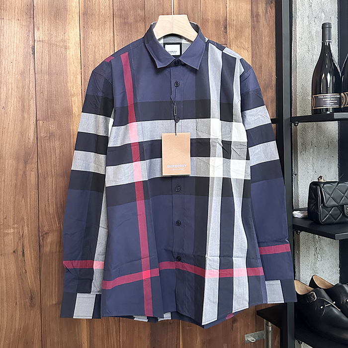 2025  Basic  - バーバリーメンズ ヴィンテージ ベーシック シャツ Bur03024x.ネイビー