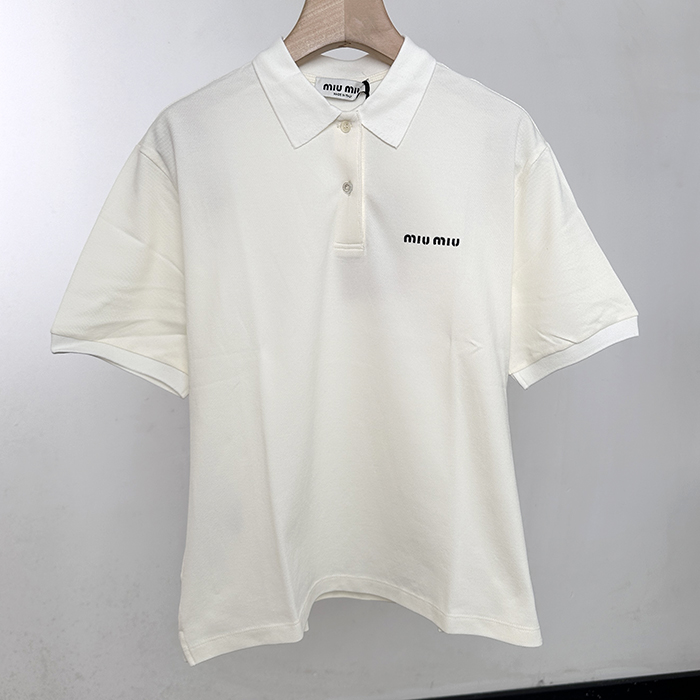 ミュウミュウ レディース ホワイト 半袖 ポロ Tシャツ -   White  - mic975x